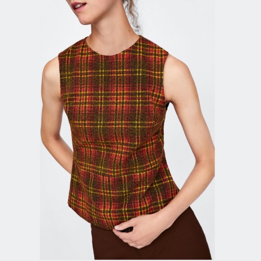 Zara Checkered Plaid Print Sleeveless Peplum Top
